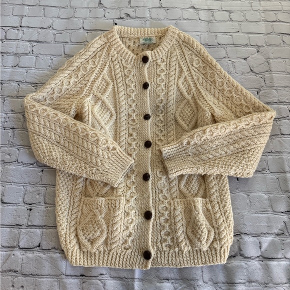 VINTAGE Aran Blarney Woollen Mills 100% Pure New Wool Cardigan Handknit Ireland - Picture 1 of 7